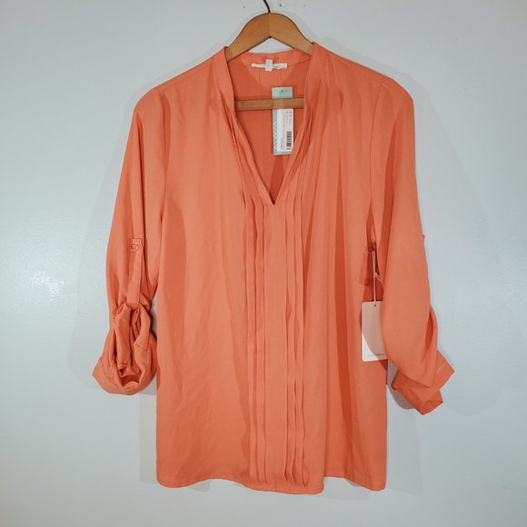 41 Hawthorne Breyson Pleated Tab-Sleeve Coral Orange Blouse S - Picture 9 of 12